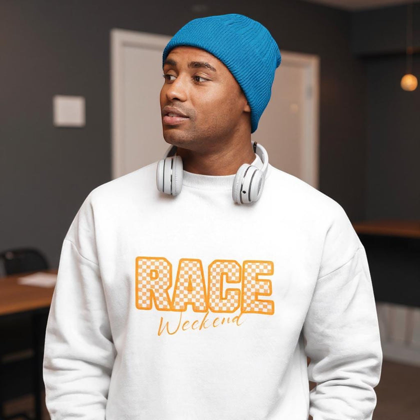 Papaya Race Weekend Sweatshirt, Checkered Racing Crewneck, Motorsport Fan Pullover, Papaya Orange Racing Jumper, Custom Sleeve Number.