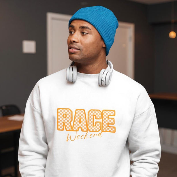 Papaya Race Weekend Sweatshirt, Checkered Racing Crewneck, Motorsport Fan Pullover, Papaya Orange Racing Jumper, Custom Sleeve Number.