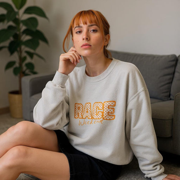 Papaya Race Weekend Sweatshirt, Checkered Racing Crewneck, Motorsport Fan Pullover, Papaya Orange Racing Jumper, Custom Sleeve Number.