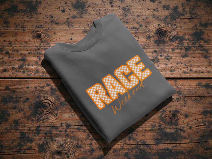Papaya Race Weekend Sweatshirt, Checkered Racing Crewneck, Motorsport Fan Pullover, Papaya Orange Racing Jumper, Custom Sleeve Number.